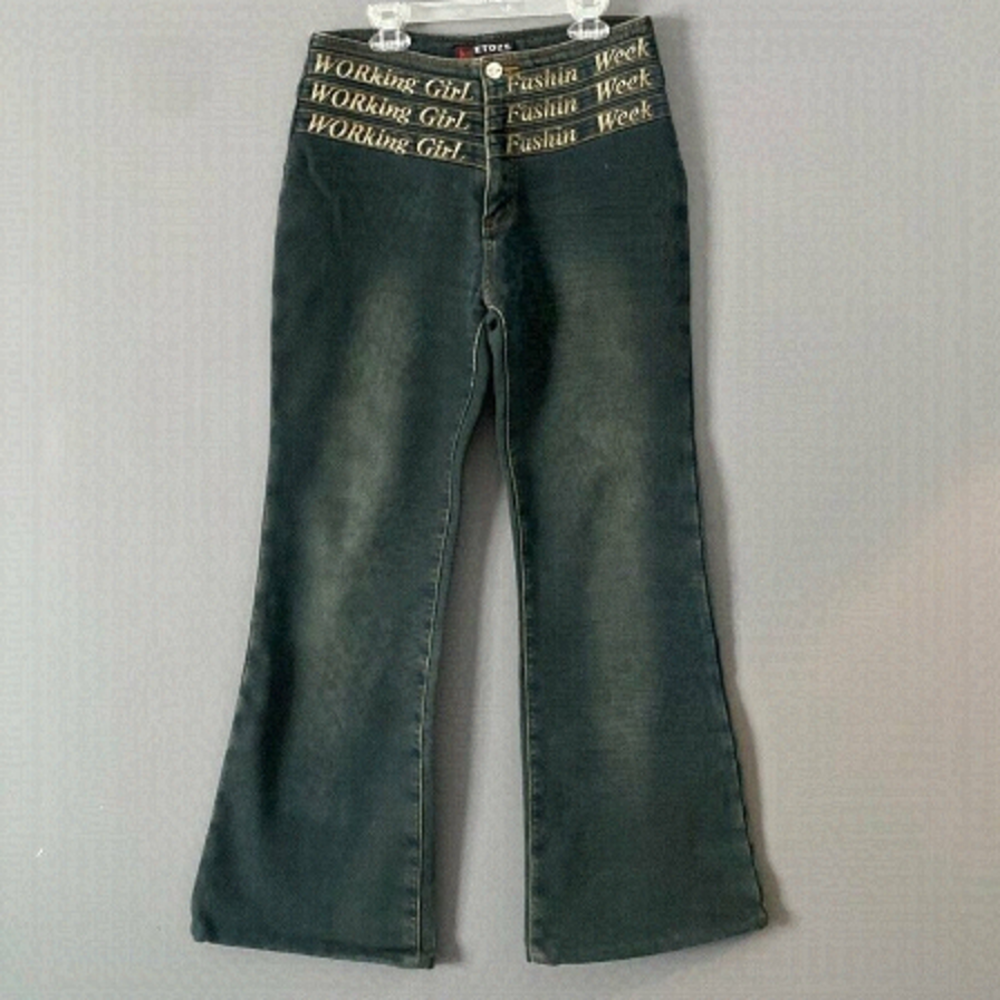 Y2K Embroidered Waist Flare Jeans Sz 28 McBling Indie Sleaze Festival Denim - Picture 2 of 15